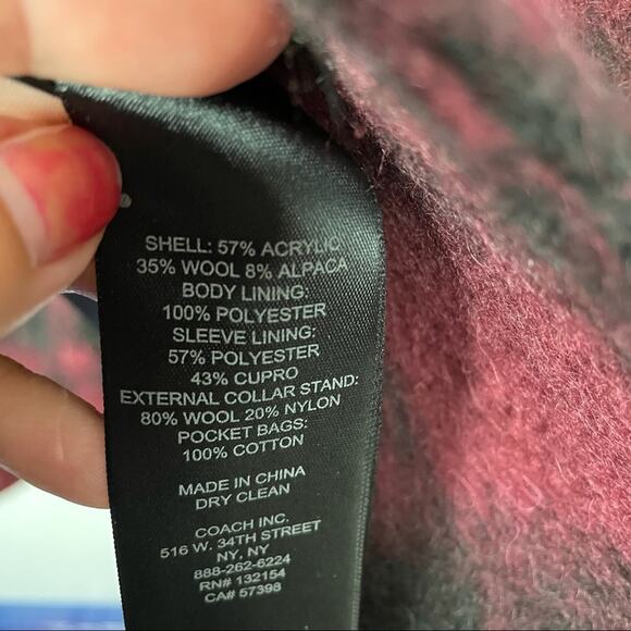 Coach Plaid Maroon Wool Alpaca Coat Red Pea Coat Small - Picture 10 of 10